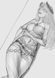 bare_shoulder black_and_white blond_hair blonde bretonnia closed_eyes crown elf elf_female fae faerie fay_enchantress fey flower_crown gold_jewelry human_female large_breasts laying_down long_dress long_hair lustful_expression morgiana_le_fay navel needy sleeping sweaty toned_belly total_war:_warhammer wanting_sex warhammer_(franchise) warhammer_fantasy white_dress