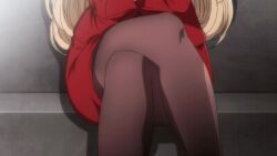 2022 20s 2girls age_difference animated animated_gif anime_screenshot aqua_eyes arms_crossed black_jacket blazer blonde_hair blue_eyes blush bow bowtie breasts brown_pantyhose bunnywalker business_suit cleavage collarbone collared_shirt crossed_legs curvy earrings female female_focus formal_clothes huge_breasts jacket jewelry kurashiki_reika kurashiki_reina large_breasts legs_crossed lipstick long_hair looking_at_viewer makeup mature_female mother_and_child mother_and_daughter multiple_girls pantyhose parent_and_child red_bow red_bowtie saimin_seishidou school_uniform serious shirt sitting skirt smile suit t-rex_(animation_studio) tagme thighs v-shaped_eyebrows very_long_hair white_shirt