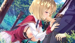 areolae ashishun belt blonde_hair blush bra breasts breasts_out censored fellatio female forest game_cg highres kana_kanna kneeling kokonoka large_breasts nipples open_clothes oral penis primal_x_hearts purple_eyes sasorigatame school_uniform short_hair standing trees