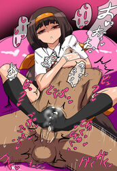 1boy ajimu_najimi asphyxiation brown_hair cum ejaculation erection feet female femdom footjob gloves hair_ribbon hairband knee_socks long_hair medaka_box no_shoes open_mouth penis red_eyes school_uniform schoolgirl short_sleeves smell socks spread_legs strangling tan testicles text translation_request trembling uncensored warabimochi