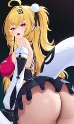 1girl ahoge anus peek ass focus bare shoulders big butt blonde hair blush cameltoe detached sleeves from behind between eyes ornament huge long looking at viewer back open mouth panties partially visible vulva pom (clothes) presenting red snake girl tail thong underwear cissia_(zenless_zone_zero) zenless_zone_zero ai_generated