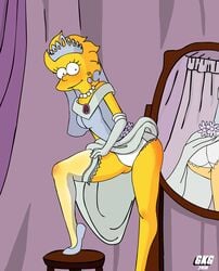 aged_up bride clothing dress dress_lift female female_only gkg human lisa_simpson mirror panties solo stockings the_simpsons wedding_dress white_panties yellow_body