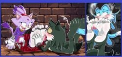 4_toes anthro arms_tied blaze_the_cat blue_body blue_border blush bodily_fluids border bound canid canine countershade_feet countershade_hands countershading crying_laughing cum fan_character feet felid feline female foot_fetish foot_lick foot_play footjob fox genital_fluids green_body group hi_res laugh legs_tied licking lying male mammal on_front purple_body restrained_arms restraints sega sex skoufidios sonic_the_hedgehog_(series) stocks tears tickle_torture tickling tickling_feet toes tongue trio