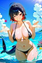 (titancore) ai_generated animal_humanoid beautiful_female big_breasts black_bikini_bottom black_bikini_top black_hair curvy_figure cute_girl ellen_joe female girl hair_ornament hearts_around_head huge_breasts huge_breasts, monster_girl multicolored_hair playing_in_water puffy_nipples red_eyes red_hair revealing_bikini sea shark_girl shark_humanoid shark_tail thiren video_game_character water wet_body wet_skin zenless_zone_zero
