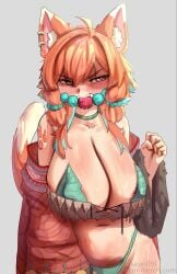 1girls ahoge animal_ear_fluff animal_ears ball_gag big_breasts blue_hair blue_streaks breasts commentary earrings english_commentary female gag grey_eyes highres huge_breasts jewelry large_breasts leaf_pasties massive_breasts mozumi_pichi multicolored_hair navel orange_hair red_pupils saliva seori091 streaked_hair tail tits twitter_username v-dere virtual_youtuber vtuber wolf_ears wolf_girl wolf_tail