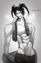 black_hair facing_forward facing_partner facing_viewer green_eyes grin grinning_at_another grinning_at_viewer half-dressed half_naked half_nude harlequin_(the_freak_circus) hedybd11 horns monster monster_boy muscles muscular muscular_arms muscular_back muscular_male pale-skin pale-skinned_male pale_body pointy_teeth sharp_teeth six_pack six_pack_abs six_packs solo solo_focus solo_male sweat sweatdrop sweating sweating_body sweating_breasts sweating_male sweaty sweaty_body the_freak_circus