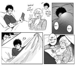 !? 1boy 1girls 2d ?! big_ass blowjob blowjob_under_sheets blush bra breast_press cleavage comic digital_media donquixote_rosinante english_text erection fellatio female genderswap_(mtf) male male_and_female_focus mole_on_breast monochrome one_piece oral pajamas penis pregnant rule_63 short_hair sleep_molestation smile splunkydunk straight surprised trafalgar_law uncensored under_covers v_sign very_short_hair wedding_ring