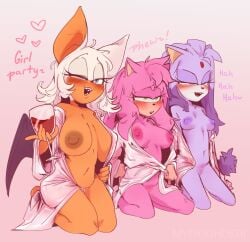 alcohol alternate_hairstyle amy_rose anthro bat bathrobe bathrobe_only beverage big_breasts big_ears blaze_the_cat blue_eyes blush breast_size_difference breasts clothed clothing container cup domestic_cat drinking_glass eulipotyphlan eyelashes felid feline felis female forehead_gem fur gem glass glass_container glass_cup group hair hedgehog hi_res holding_glass holding_object kneeling looking_at_viewer mammal mythiilewdii one_eye_closed open_clothing open_robe pink_body pink_fur pink_hair pubes purple_body purple_fur purple_hair robe rouge_the_bat sega sonic_(series) sonic_the_hedgehog_(series) tan_body trio white_hair wine wine_glass wink winking_at_viewer