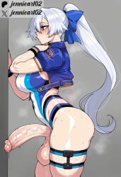 1futa 1girl against_wall ai_generated artist_name ass blue_bow blue_jacket blue_one-piece_swimsuit blush bow breasts clothing competition_swimsuit cropped_jacket english_text erection fate/grand_order fate_(series) foreskin from_side futa_only futanari grey_background grey_hair hair_between_eyes hair_bow highleg highleg_swimsuit huge_penis huge_testicles intersex jacket jennieart02 large_breasts large_penis large_testicles light-skinned_futa long_hair one-piece_swimsuit open_jacket patreon patreon_logo patreon_username penis ponytail precum precum_drip red_eyes short_sleeves skindentation solo sweat swimsuit testicles thick_thighs thigh_strap thighs tomoe_gozen_(fate) tomoe_gozen_(swimsuit_saber) tomoe_gozen_(swimsuit_saber)_(fate) twitter twitter_username two-tone_swimsuit veins veiny_penis watermark white_hair white_one-piece_swimsuit wristband