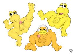 3boys anus erection full_body hammer_bros. ikiki koopa koopa_troopa looking_at_viewer lying male male_only mario_(series) multiple_boys nintendo nude on_back penis presenting scalie simple_background video_games white_background