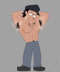 1boy artist_request black_eyes black_hair chimptopia closed_mouth clothed clothing color grey_background hat human human_only light_skin male male_focus male_only open_eyes partially_clothed robby_(chimptopia) simple_background smile standing twitter_link
