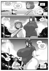 harorlood giantess pierre_(harorlood) marina_(harorlood) kaori_(harorlood) mayumi_(harorlood) looking_at_another looking_down looking_up looking_down_at_another looking_up_at_another running_down going_offscreen gigantic_ass gigantic_breasts looking_flustered blushing blush_lines blushing_female larger_female smaller_female text text_box speech_bubbles speech_bubble bikini straw_hat seaside blushing_at_each_other blushing_at_another