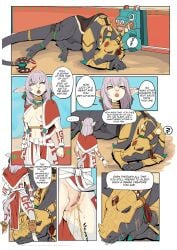 2026 absurd_res animal_genitalia anthro anthro_on_feral bestiality biped black_body bodily_fluids breasts comic dialogue digital_media_(artwork) dracophilia dragon english_text female female_anthro female_on_feral female_peeing feral fully_sheathed fur genital_fluids genitals grey_body grey_fur hi_res horn jahrii_(shebeast) larger_feral larger_male levish_(levish45) male male/female male_feral male_on_anthro markings mythological_creature mythological_scalie mythology nipples peeing peeing_on_another peeing_on_face pink_eyes quadruped red_markings scalie sheath shebeast size_difference sleeping smaller_anthro smaller_female speech_bubble text urine urine_on_face urine_stream vulva watersports white_body white_fur zoophilia