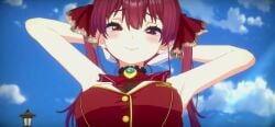 3d 3d_animation animated arms_up dmm_games female heart-shaped_pupils heterochromia hololive houshou_marine jiggling_breasts large_breasts red_eyes red_hair sound tagme video virtual_youtuber yellow_eyes