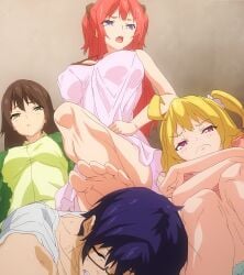 1boy 2d 3girls angry angry_face ayaka_(seikatsu_shuukan) big_boobs big_breasts blonde blonde-haired_female blonde_female blonde_hair blonde_hair_female blue_eyes boobs breasts brown_hair clothed clothed_female clothing disgusted female fuyuno_(seikatsu_shuukan) green_eyes hentai hentai_series himamori_ayaka himamori_chiaki himamori_fuyuno light-skinned_female light_skin male pale-skinned_female pale_skin red_hair screencap screenshot seikatsu_shuukan standing stitched upscaled