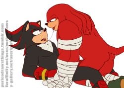 2boys absurdres ass bara biceps black_fur closed_mouth echidna_boy english_commentary furaffinity_username furry furry_male hedgehog_boy highres knuckles_the_echidna looking_at_another male_focus multicolored_fur multiple_boys muscular muscular_male no_pants open_mouth pectorals puri_porn red_fur saliva saliva_trail shadow_the_hedgehog smile sonic_(series) sonic_boom_(series) tongue tongue_out tumblr_username white_background yaoi