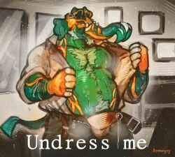 2026 anthro belt body_hair clothing copperajah demoniyog elephant elephantid fur generation_8_pokemon green_body green_fur hi_res looking_at_viewer male male_only mammal nintendo overweight overweight_anthro overweight_male pokemon pokemon_(species) proboscidean solo striptease text tusks underwear undressing