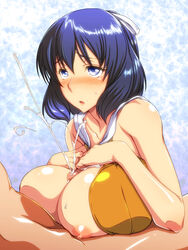 1boy areolae bare_shoulders blue_eyes blue_hair blush breast_suppress breasts censored cum ebido ejaculation female hair highres huge_breasts nipples paizuri penis projectile_cum puffy_nipples rixia_mao shirt short solo_focus submissive_pose zero_no_kiseki