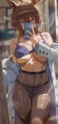 1girl agnes_tachyon_(umamusume) ai_generated ai_ye black_socks blush blushing bra breasts breasts_out breasts_out_of_bra horse_ears horse_girl long_socks manhattan_cafe_(umamusume) mirror_selfie panties panties_under_pantyhose pantyhose selfie selfie_pose socks sweat sweating take_off_shirt torn_pantyhose torn_socks umamusume umamusume_pretty_derby