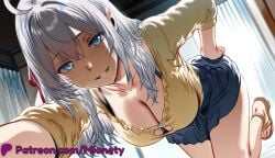 alisa_mikhailovna_kujou tokidoki_bosotto_roshia-go_de_dereru_tonari_no_alya-san breasts 1girl cleavage blue_eyes solo looking_at_viewer skirt long_hair large_breasts ahoge shirt yellow_shirt smile grey_hair blue_skirt parted_lips white_hair bra indoors ribbon sandals thighs collarbone reaching_towards_viewer hair_between_eyes twitter_username artist_name reaching hair_ribbon dutch_angle selfie miniskirt black_bra hand_on_own_hip sweat foreshortening red_ribbon outstretched_arm mionety ai_generated