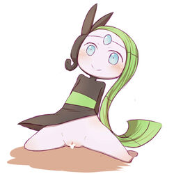 blue_eyes blush bottomless censored female female green_hair long_hair meloetta no_humans pokemon pussy smile solo warumono_tomii