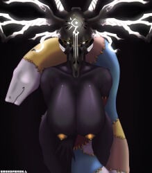 antlers areola big_breasts black_body black_face black_fur bone breasts cracks digital_media_(artwork) emile_beniot_(limbus_company) eyelashes female fingers flirting fur glowing glowing_eyes gold_(metal) gold_nipples grandpaman hi_res horn humanoid limbus_company looking_at_viewer looking_pleasured mammal markings monster_girl_(genre) mutation nipples nude presenting presenting_breasts project_moon reptile scalie simple_background skull skull_head smile smirk snake solo stitch_(sewing) the_ring_(project_moon) thick_thighs white_antlers