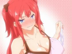 1girls 2d angry angry_face ayaka_(seikatsu_shuukan) big_boobs big_breasts blue_eyes boobs breasts clenched_teeth clothed clothing collarbone cum_on_panties eyebrows eyelashes female female_only front_view hentai hentai_series himamori_ayaka holding holding_object holding_panties huge_breasts light-skinned_female light_skin pale-skinned_female pale_skin red_hair screencap screenshot seikatsu_shuukan semen simple_background solo solo_female stitched upscaled