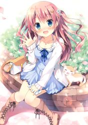1girls bag blush boots breast cat clothed flower grass hair_ornament highres long_hair medium_breasts original pan_(mimi) pink_hair shirt shoes sitting skirt tied_hair wavy_hair