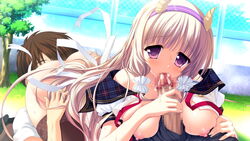 blonde_hair breasts censored fellatio female game_cg headband horns julia_lin_road long_hair magical_marriage_lunatics!! nipples oral panties penis pointy_ears purple_eyes purple_hair underwear yamakaze_ran