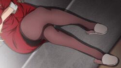 1girl 1girls 2022 20s animated animated_gif anime_screenshot aqua_eyes blonde_hair blue_eyes breasts brown_pantyhose bunnywalker business_suit cleavage collarbone collared_shirt couch crossed_arms crossed_legs curvy earrings female female_focus formal_clothes full_body huge_breasts indoors jacket jewelry kurashiki_reika large_breasts legs_crossed lipstick long_hair makeup mature_female narrowed_eyes pantyhose saimin_seishidou seishidou serious shirt sitting skirt slippers solo suit t-rex_(animation_studio) tagme thighs v-shaped_eyebrows very_long_hair white_shirt