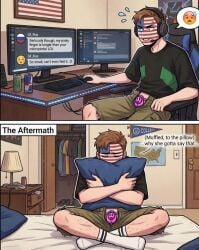 ai_generated chastity_cage chatting femdom humping_pillow russia_(countryhumans) small_penis_humiliation united_states_of_america_(countryhumans)