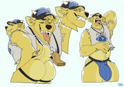 absurd_res biceps bluesh bulge butt canid canine canis clothing colored digital_drawing_(artwork) digital_media_(artwork) domestic_dog fur hand_behind_head hat headgear headwear hi_res jockstrap male mammal muscular muscular_male onomatopoeia open_mouth shirt simple_background sketch_page smile sound_effects tank_top teeth text tongue tongue_out topwear underwear whistle_(object) yawn