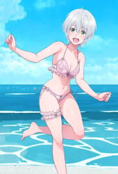 1girls kikuchi_fuuka silver_hair green_eyes short_hair string_bikini pink_bikini garter standing looking_at_viewer medium_breasts cleavage bare_legs bare_shoulders collarbone smiling blushing beach
