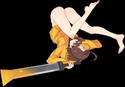 ahoge anus ass barefoot bottomless brown_eyes brown_hair emura_(merararara) female hoodie linne pussy reverse_grip short_hair solo sweater sword transparent_background under_night_in-birth undershirt upside-down weapon