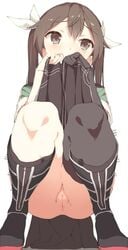 aida_takanobu anus asymmetrical_legwear brown_eyes brown_hair character_request hair_ribbon kantai_collection no_panties pussy ribbon single_thighhigh skirt skirt_lift squatting thighhighs tied_hair tone_(kantai_collection) twintails