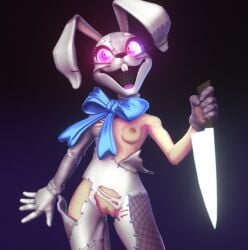 3d areolae black_eyes black_nose blue_bow buckteeth dorfloor3 exposed_breasts exposed_pussy five_nights_at_freddy's five_nights_at_freddy's:_security_breach front_view glitchtrap_possession holding_knife knife nipples open_smile pink_areola pink_nipples pink_sclera pussy small_breasts solo tan_skin thick_thighs torn_clothes torn_fursuit vanny_(fnaf) whiskers wide_hips
