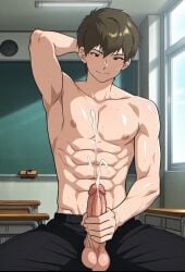 1boy 1male abdomen abs ai_generated biceps blue_eyes brown_hair ganbare!_nakamura-kun!! gay gay_male go_for_it,_nakamura-kun!! go_for_it_nakamura homosexual homosexual_male ia_generated male_focus male_only masturbation mukai_ryou no_te_rindas_nakamura!! nude nude_male sweat sweaty_body sweaty_male