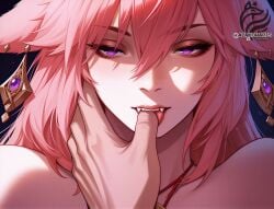 ai_generated ayakonarts biting fangs finger_in_mouth fox_ears genshin_impact kemonomimi looking_at_viewer open_mouth pink_hair pov purple_eyes yae_miko