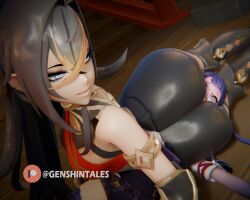 ass ass_focus big_ass crushed_by_ass crushing dehya_(genshin_impact) different_angle different_angles dominant_female face_in_ass genshin_impact genshintales head_crush headscissor raiden_shogun ryona smothering submissive_female