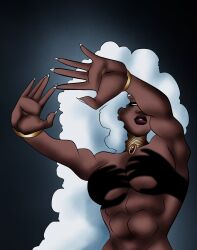 lewdicdraws omegastorm storm_(x-men) x-men ororo_munroe marvel marvel_comics hands_casting_shadow shadow breasts nipples_covered hands convenient_censoring dark_skin dark-skinned_female female big_breasts solo solo_female female_only white_hair white_eyes nude nude_female neckwear neckwear_only thin_waist abs muscular muscular_female hourglass_figure hourglass_figured_female poofy_hair nonsexual_nudity no_visible_nipples