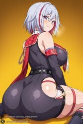 1girl ass breasts solo large_breasts multicolored_hair short_hair sitting looking_at_viewer looking_back red_hair grey_hair streaked_hair smile from_behind blush bare_shoulders purple_eyes thigh_strap sweat closed_mouth gradient detached_sleeves hair_between_eyes gradient_background scarf bangs two-tone_hair topaz_(honkai:_star_rail) honkai:_star_rail unjobdespiert ai_generated 1female curvy huge_breasts huge_ass big_breasts big_ass 1girls 2026 artist_name watermark hi_res highres high_quality high_resolution patreon_username patreon