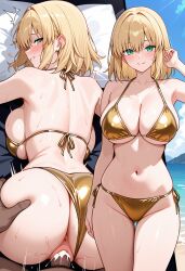 1boy 1girl ass bare_shoulders bikini blonde_hair blush breasts cleavage gold_bikini green_eyes hetero large_breasts looking_at_viewer lord_logres_fate medium_hair multiple_views sex smile swimsuit thighs vaginal meta absurdres highres ai_generated