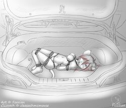 abduction anthro anthro_only arms_behind_back bondage bound bound_ankles bound_arms bound_legs breast_bondage car car_trunk cleasach cleave_gag female foxxian fur furry gag gagged in_trunk kidnapping mammal monochrome mouse no_humans panties procyonid rodent rope tail underwear