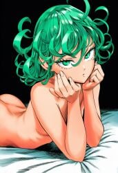 one-punch_man tatsumaki murata_yuusuke_(style) manga_style line_art official_style accurate_art_style ai_generated high_resolution highres simple_background 1girls black_background female female_only female_focus solo solo_focus petite slender_body ass breasts small_breasts bare_arms bare_shoulders light-skinned_female light_skin slim_waist shiny_skin green_eyes thin_eyebrows curly_hair short_hair green_hair completely_nude completely_nude_female nude_female nude indoors on_bed lying_on_bed lying_on_stomach lying on_stomach bed bed_sheet head_rest eyelashes hair_between_eyes flipped_hair closed_mouth skinny elbow_rest convenient_censoring convenient_arm shiny_hair looking_at_viewer hands_on_face neutral_expression bored
