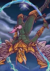 anthro avian bird electricity flying genitals green_body green_eyes hi_res kaja_(mlbb) lightning male male/male masturbation mobile_legends penetration penis pink_penis rednetrab69 sky slit_penetration slit_penis slit_play solo wings