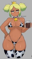 daxywt mandy_(brawl_stars) brawl_stars tagme blonde_hair short_hair tied_hair looking_at_viewer tan_body blush annoyed bikini cow_print cow_print_bikini choker cowbell barefoot breasts wide_hips thick_thighs voluptuous slim_waist navel stockings holding_object hand_on_hip