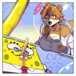 1boy 1girls 2koma anthro aqua_eyes big_breasts breasts brown_hair butter_sugoi cleavage female green_eyes helmet large_breasts male penis_awe sandy_cheeks sexually_suggestive short_hair spacesuit spongebob_squarepants spongebob_squarepants_(character) staring_at_penis suggestive turquoise_eyes underwater