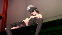1girls solo black_hair short_hair red_hair shark sharp_teeth blush open_mouth tongue_out koikatsu ellen_joe zenless_zone_zero ahe_gao maid_headdress maid torn_clothes torn_pantyhose breasts nipple_covers 3d highres rendered on_back masturbation