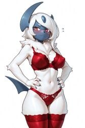 1anthro 1female 1girls absol ai ai_generated anthro anthro_only bed bed_sheet blue_face blue_fingernails blue_forehead_jewel blue_horn blue_tail blush bra female female_only forehead_jewel frosting.ai game_freak generation_3_pokemon horn legwear lingerie looking_away nintendo nipple_outline panties pokemon pokemon_(species) red_bra red_eyes red_legwear red_lingerie red_panties red_underwear smiling snout solo tail tummy tusks underwear white_fur white_hair standing white_background looking_away_from_viewer nervous hands_on_hips grabbing_hips grabbing_own_hip
