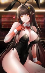 1girls big_breasts black_bunny_ears black_bunnysuit breasts brown_eyes brown_hair bunny_ears bunnysuit exposed_breasts female heart honkai:_star_rail honkai_(series) hoyoverse large_breasts legs lingsha_(honkai:_star_rail) long_hair mature_female mihoyo rika_ryne variant_set very_long_hair bare_legs